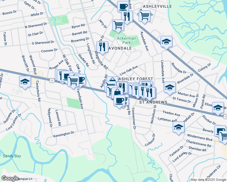 map of restaurants, bars, coffee shops, grocery stores, and more near 975 Savannah Highway in Charleston