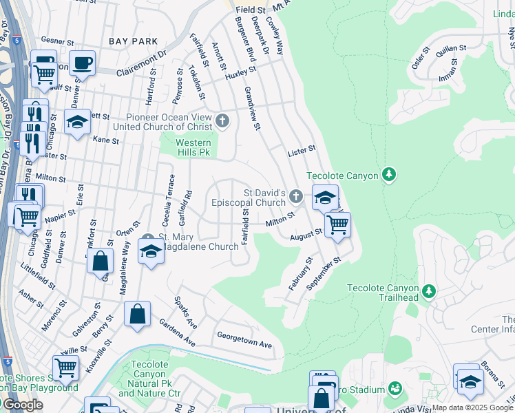 map of restaurants, bars, coffee shops, grocery stores, and more near 2244 Milton Court in San Diego