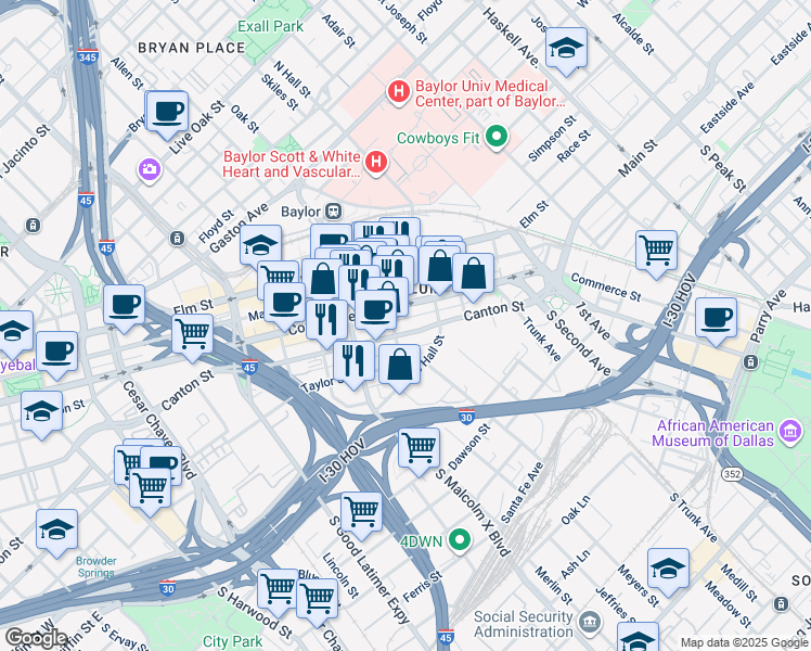 map of restaurants, bars, coffee shops, grocery stores, and more near 300 South Walton Street in Dallas