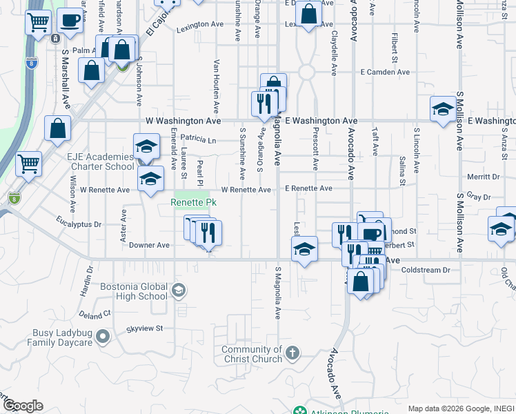 map of restaurants, bars, coffee shops, grocery stores, and more near 921 South Sunshine Avenue in El Cajon