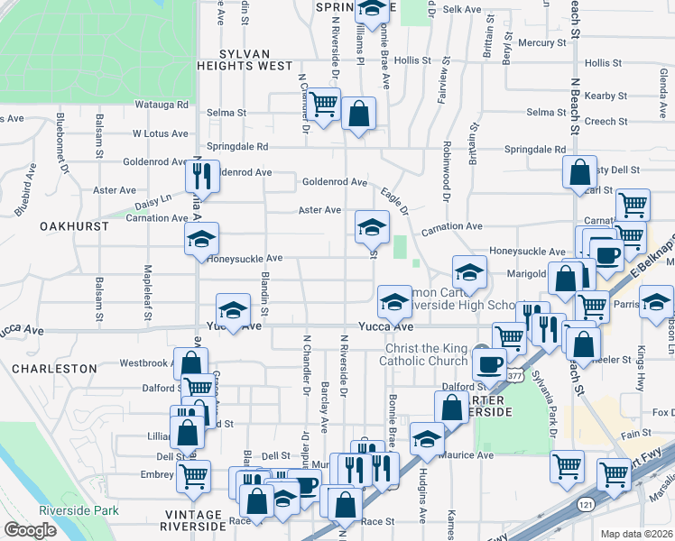 map of restaurants, bars, coffee shops, grocery stores, and more near 1409 North Riverside Drive in Fort Worth