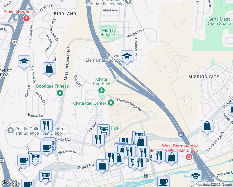 map of restaurants, bars, coffee shops, grocery stores, and more near 2756 Via Alta Place in San Diego