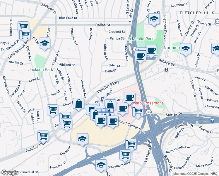 map of restaurants, bars, coffee shops, grocery stores, and more near 8737 Fletcher Parkway in La Mesa