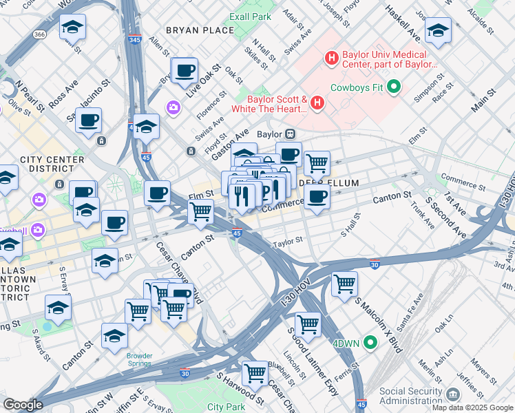 map of restaurants, bars, coffee shops, grocery stores, and more near 2633 Commerce Street in Dallas