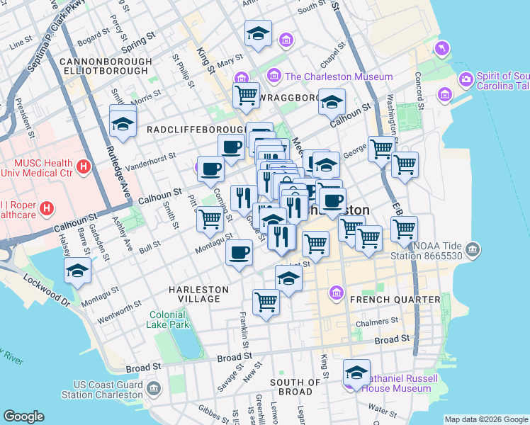 map of restaurants, bars, coffee shops, grocery stores, and more near 30 Saint Philip Street in Charleston