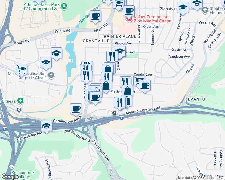 map of restaurants, bars, coffee shops, grocery stores, and more near 4560 Mission Gorge Place in San Diego