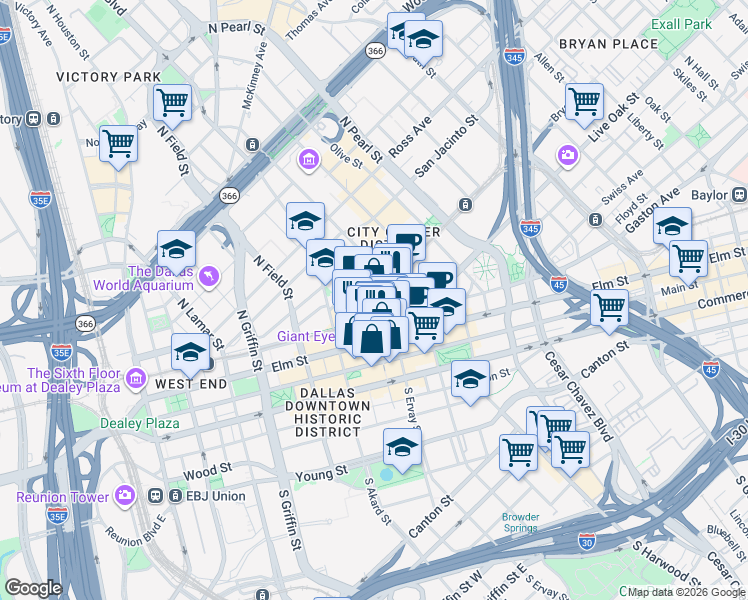 map of restaurants, bars, coffee shops, grocery stores, and more near Bryan Street & North Ervay Street in Dallas