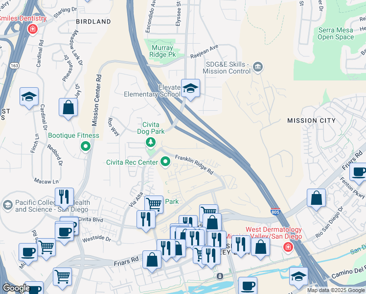 map of restaurants, bars, coffee shops, grocery stores, and more near 2896 Via Alta Place in San Diego