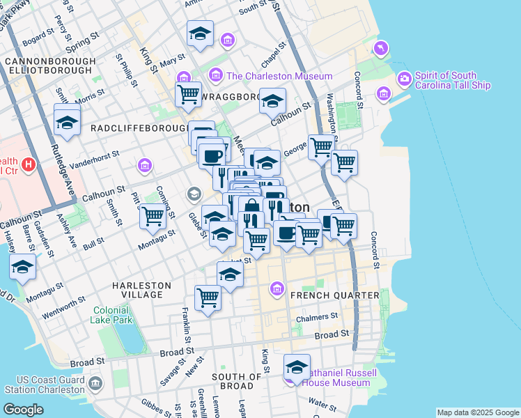 map of restaurants, bars, coffee shops, grocery stores, and more near 71 Wentworth Street in Charleston