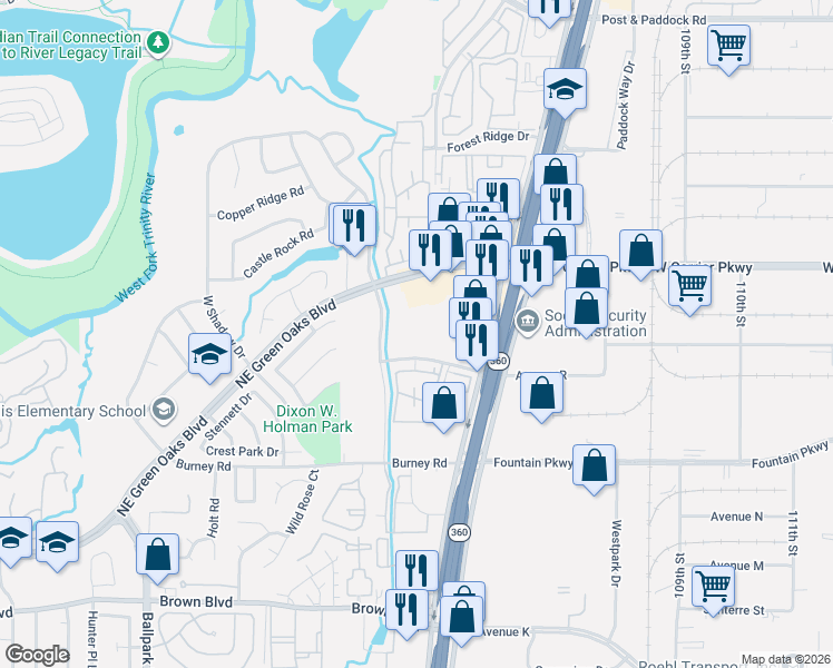 map of restaurants, bars, coffee shops, grocery stores, and more near 2604 Briar Glenn Lane in Arlington