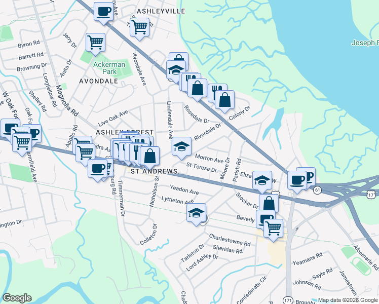 map of restaurants, bars, coffee shops, grocery stores, and more near 16 Moore Drive in Charleston