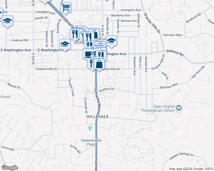 map of restaurants, bars, coffee shops, grocery stores, and more near 1539 Gustavo Street in El Cajon