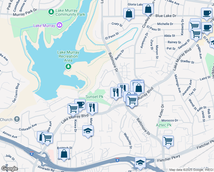 map of restaurants, bars, coffee shops, grocery stores, and more near 5836 Pawnee Drive in La Mesa