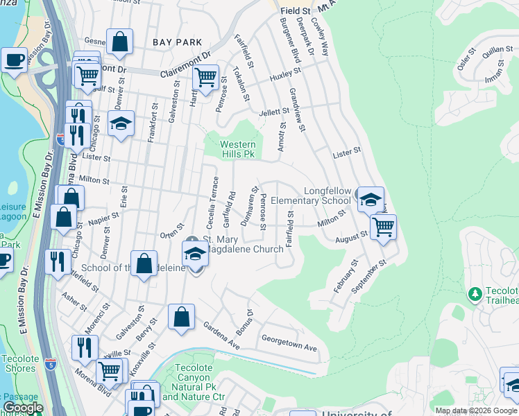 map of restaurants, bars, coffee shops, grocery stores, and more near 2204 Penrose Street in San Diego