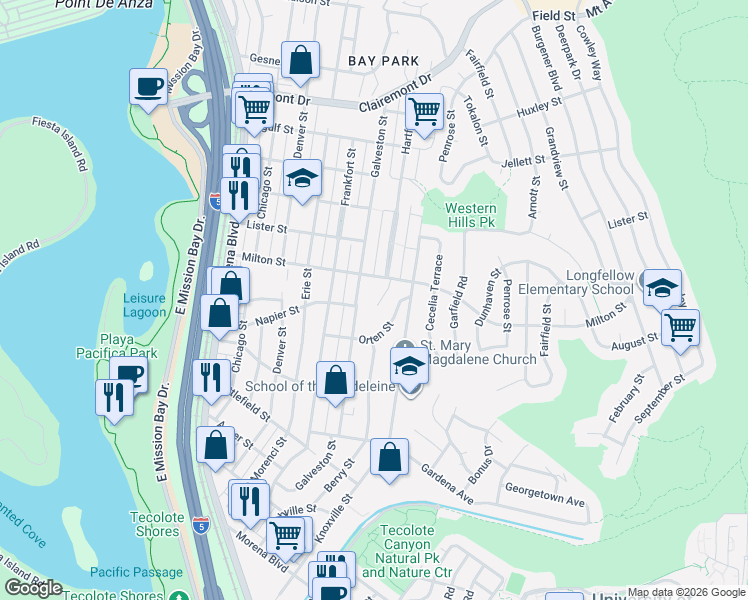 map of restaurants, bars, coffee shops, grocery stores, and more near 2047 Galveston Street in San Diego