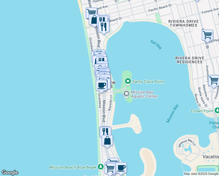 map of restaurants, bars, coffee shops, grocery stores, and more near 815 Santa Clara Place in San Diego