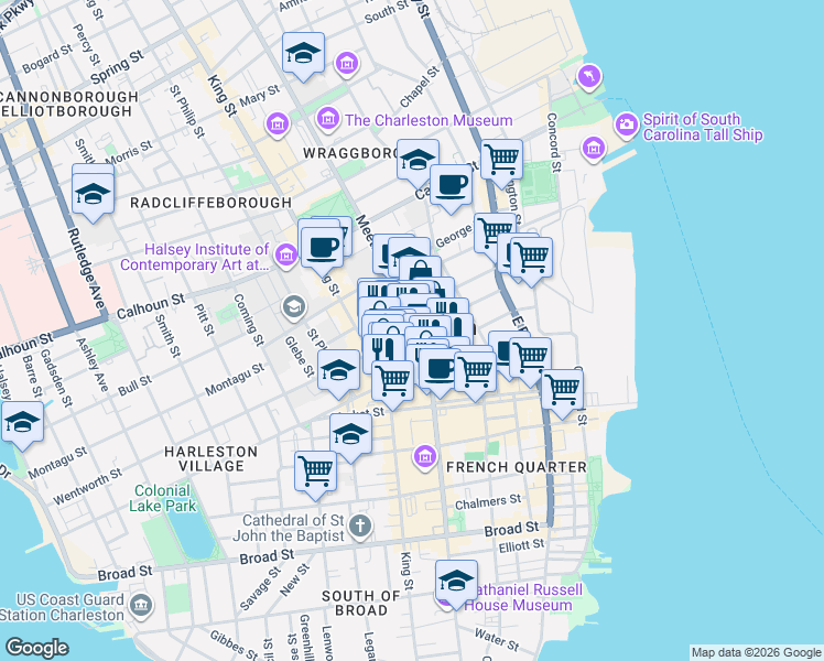 map of restaurants, bars, coffee shops, grocery stores, and more near 237 Meeting Street in Charleston