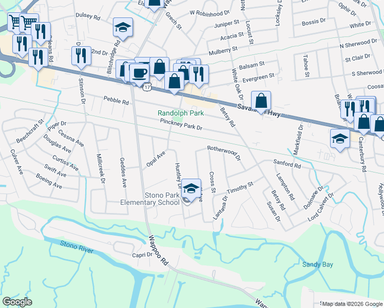 map of restaurants, bars, coffee shops, grocery stores, and more near 364 Huntley Drive in Charleston