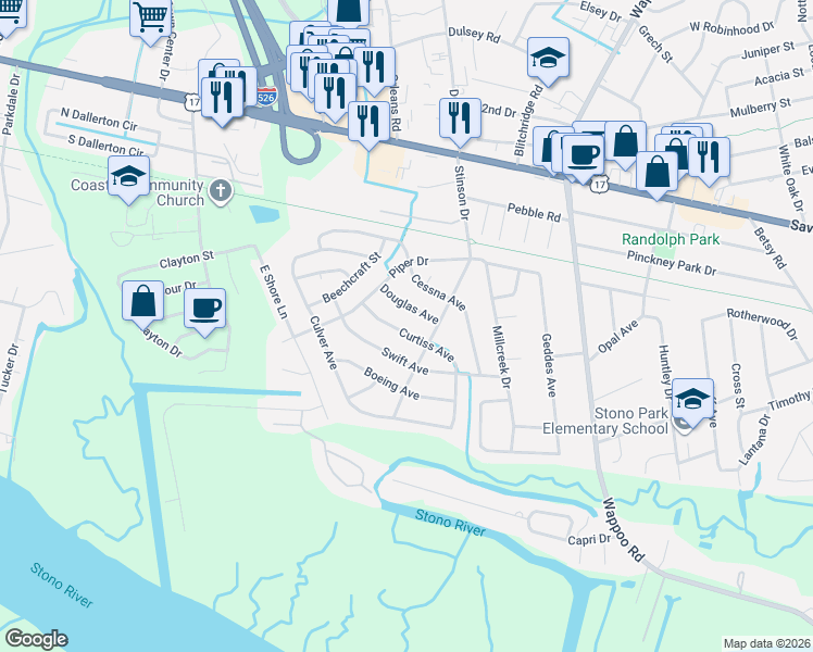 map of restaurants, bars, coffee shops, grocery stores, and more near 311 Stinson Drive in Charleston