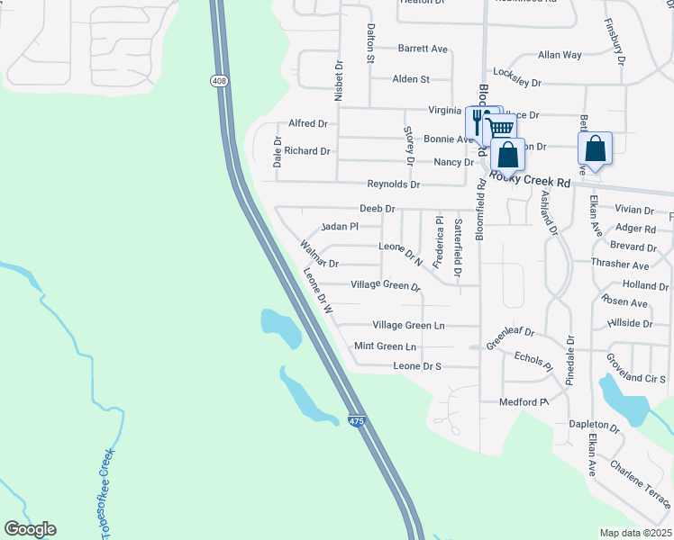 map of restaurants, bars, coffee shops, grocery stores, and more near 2874 Village Green Drive in Macon