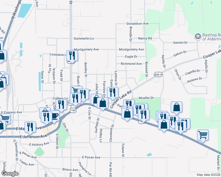 map of restaurants, bars, coffee shops, grocery stores, and more near 100-198 Fairview Dr in Bastrop
