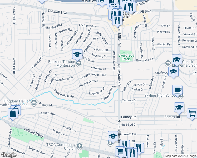 map of restaurants, bars, coffee shops, grocery stores, and more near 5743 Russcrest Drive in Dallas