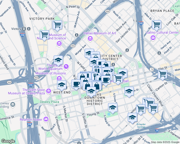map of restaurants, bars, coffee shops, grocery stores, and more near 409 North Akard Street in Dallas