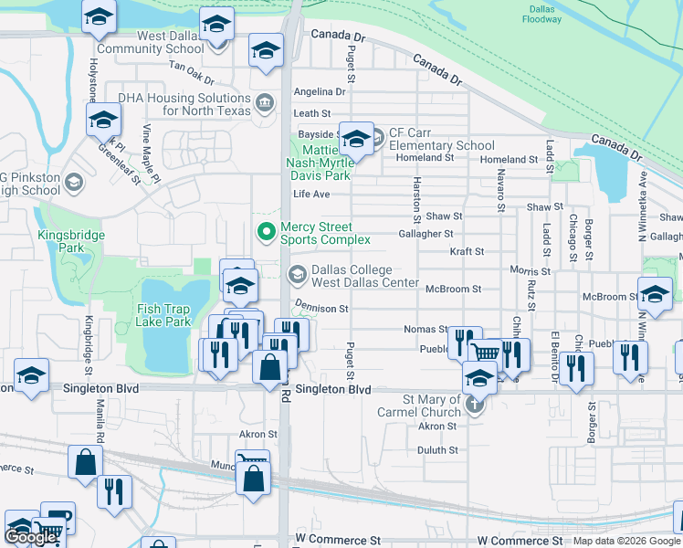 map of restaurants, bars, coffee shops, grocery stores, and more near 2002 McBroom Street in Dallas