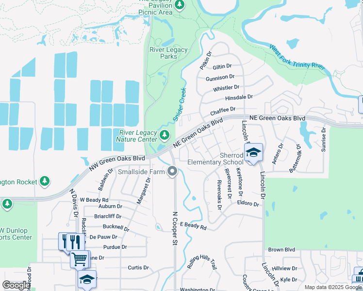map of restaurants, bars, coffee shops, grocery stores, and more near 2721 Copper Creek Drive in Arlington