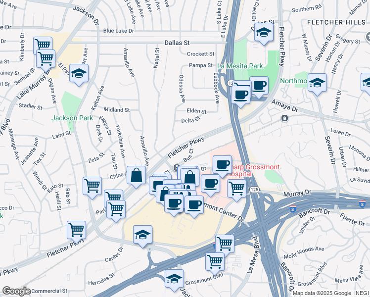 map of restaurants, bars, coffee shops, grocery stores, and more near 8727 Fletcher Parkway in La Mesa