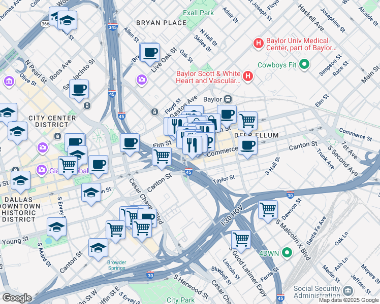 map of restaurants, bars, coffee shops, grocery stores, and more near 5322 South Good Latimer Expressway in Dallas