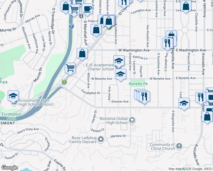 map of restaurants, bars, coffee shops, grocery stores, and more near 926 Aster Avenue in El Cajon