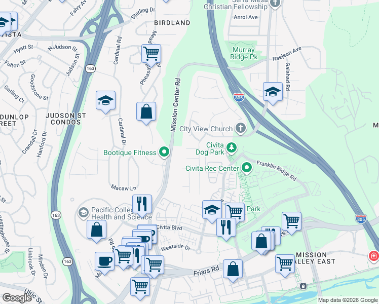 map of restaurants, bars, coffee shops, grocery stores, and more near 8255 Ainsley Court in San Diego