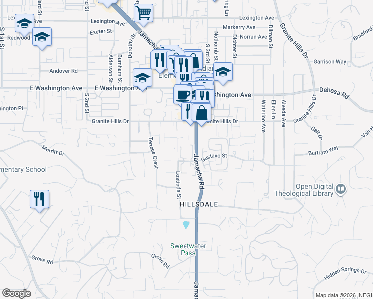 map of restaurants, bars, coffee shops, grocery stores, and more near 1454 Gustavo Street in El Cajon