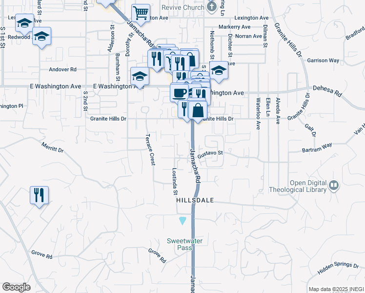 map of restaurants, bars, coffee shops, grocery stores, and more near 1490 Gustavo Street in El Cajon