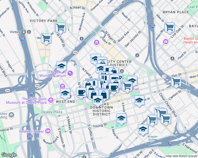 map of restaurants, bars, coffee shops, grocery stores, and more near 411 North Akard Street in Dallas