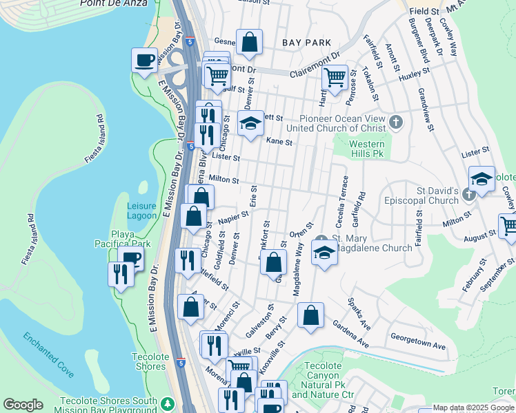 map of restaurants, bars, coffee shops, grocery stores, and more near 2024 Frankfort Street in San Diego
