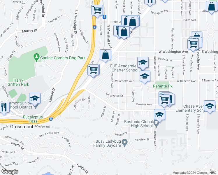 map of restaurants, bars, coffee shops, grocery stores, and more near 1111 Boulevard Place in El Cajon