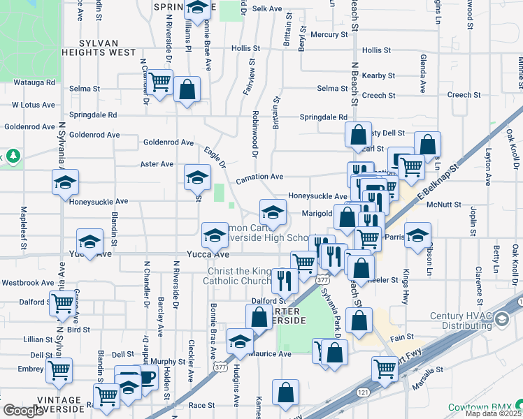 map of restaurants, bars, coffee shops, grocery stores, and more near 1409 Eagle Drive in Fort Worth