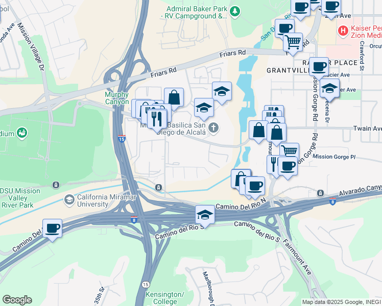 map of restaurants, bars, coffee shops, grocery stores, and more near 10699 San Diego Mission Road in San Diego