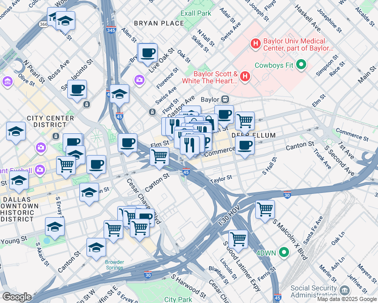 map of restaurants, bars, coffee shops, grocery stores, and more near 5322 South Good Latimer Expressway in Dallas