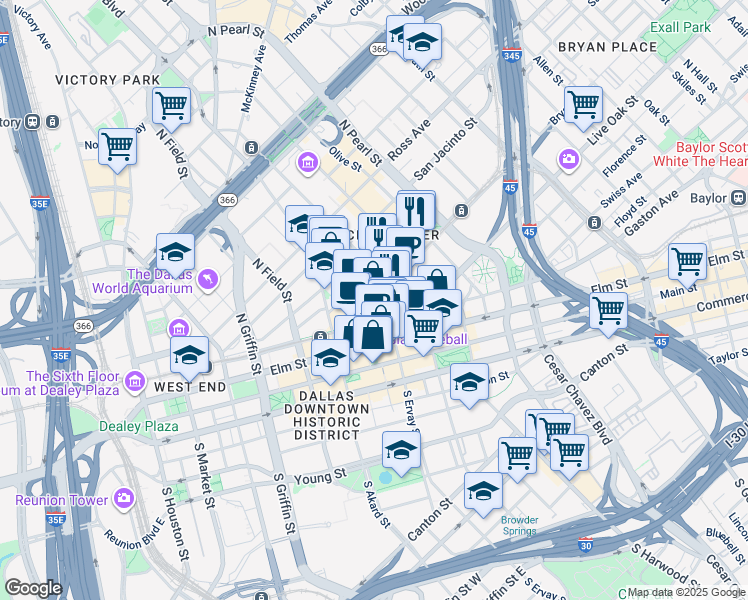 map of restaurants, bars, coffee shops, grocery stores, and more near in Dallas