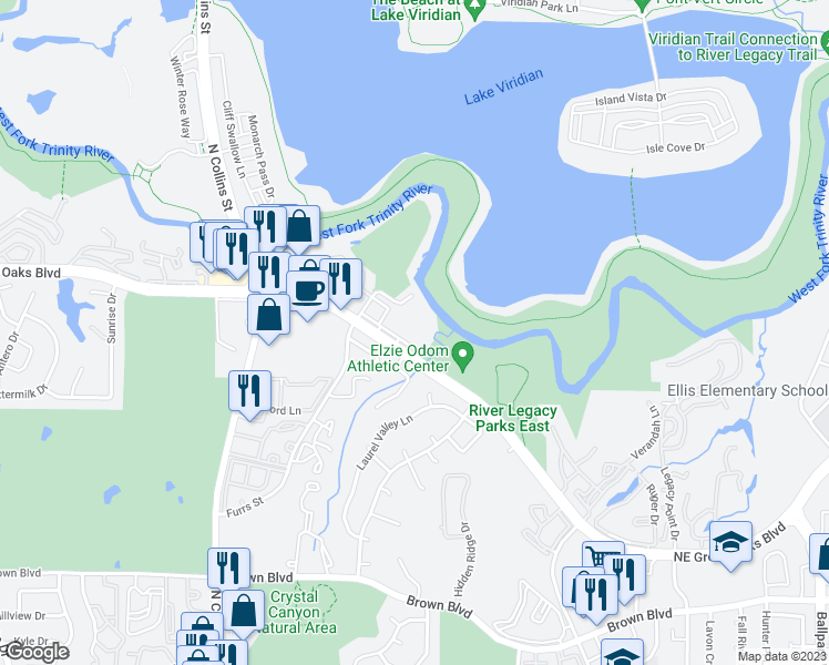 map of restaurants, bars, coffee shops, grocery stores, and more near 1501 Northeast Green Oaks Boulevard in Arlington