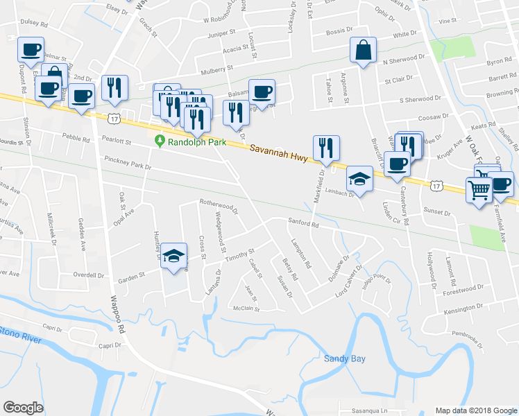 map of restaurants, bars, coffee shops, grocery stores, and more near 388 Betsy Road in Charleston