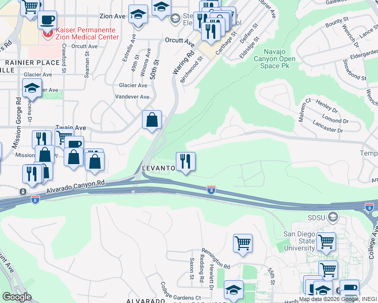 map of restaurants, bars, coffee shops, grocery stores, and more near 5401 Del Cerro Boulevard in San Diego