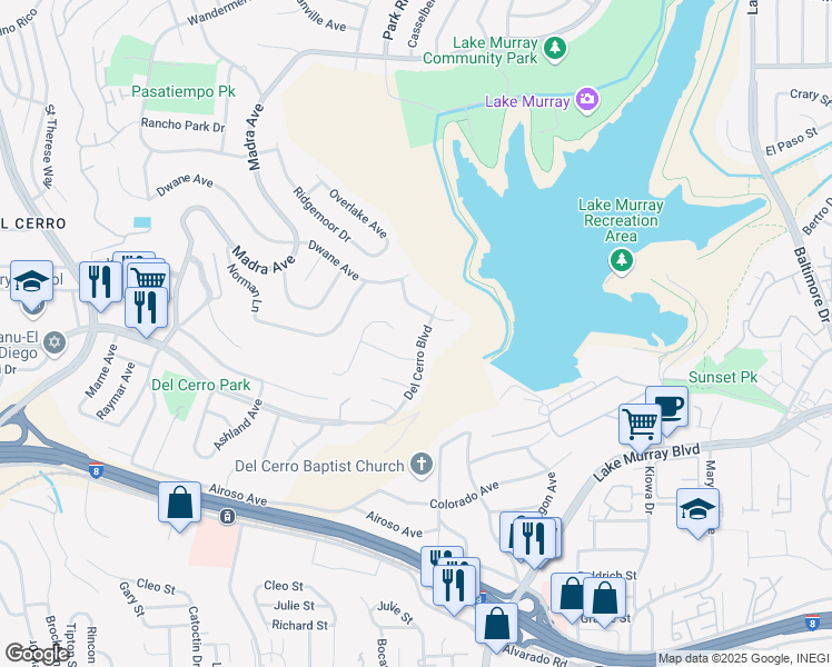 map of restaurants, bars, coffee shops, grocery stores, and more near 7056 Del Cerro Boulevard in San Diego