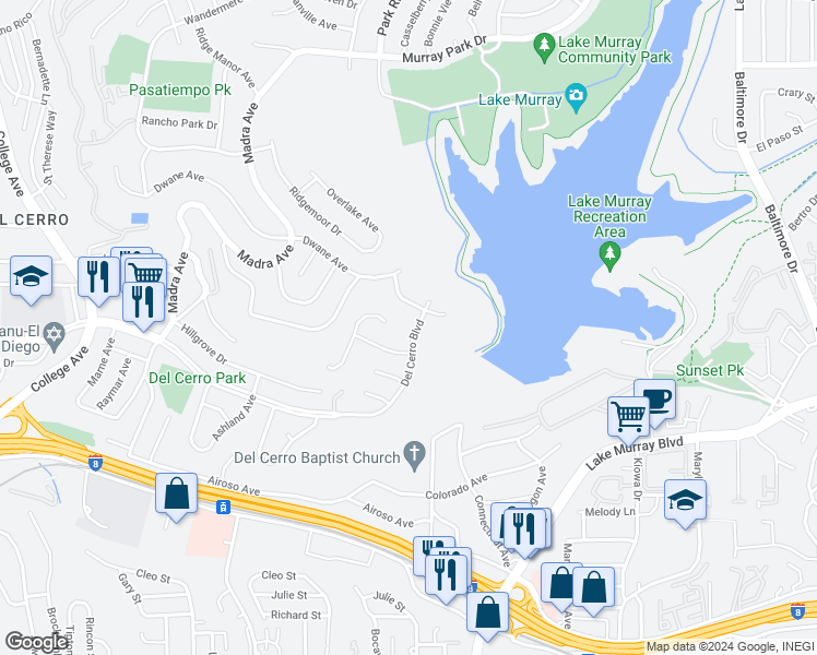 map of restaurants, bars, coffee shops, grocery stores, and more near 7056 Del Cerro Boulevard in San Diego