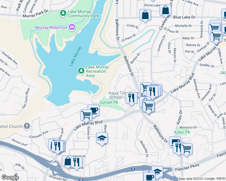 map of restaurants, bars, coffee shops, grocery stores, and more near 5704 Baltimore Drive in La Mesa