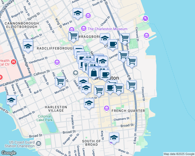 map of restaurants, bars, coffee shops, grocery stores, and more near 79 Society Street in Charleston