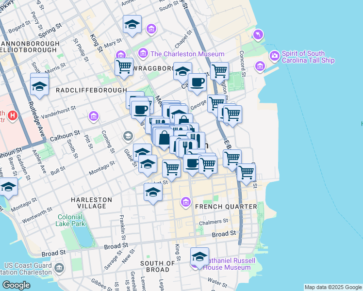 map of restaurants, bars, coffee shops, grocery stores, and more near in Charleston